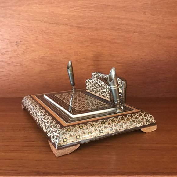 Persian Handmade Wooden Inlaid Khatam Kari Marquetry Enameled Pens and Card Hold - Picture 2 of 5